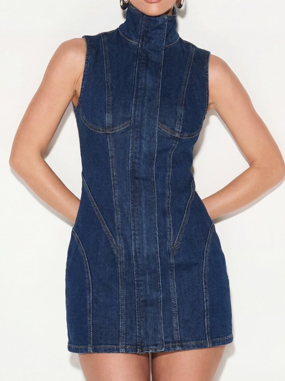 Blue Casual Women's Funnel Neck Sleeveless Chic Mini Dress
